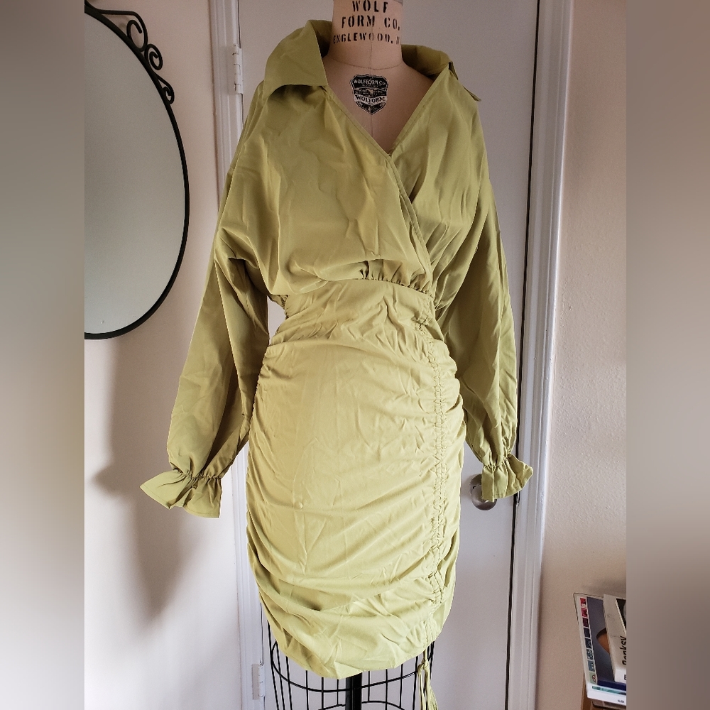 Shein army green long sleeve ruched dress size 4